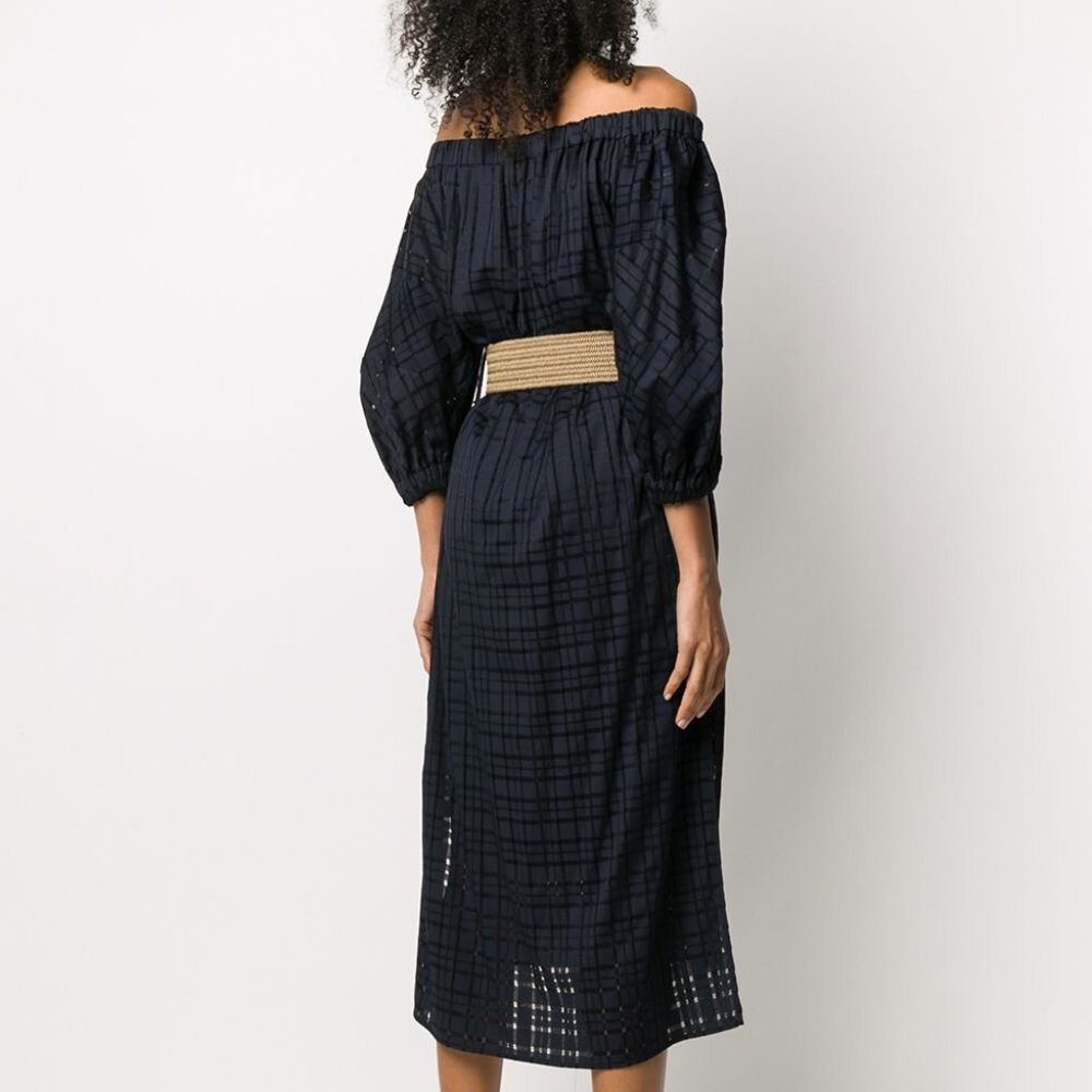Brunello Cucinelli Idi Midi Dress Off Shoulders Navy Raffia Monili Belt Medium - Picture 4 of 15